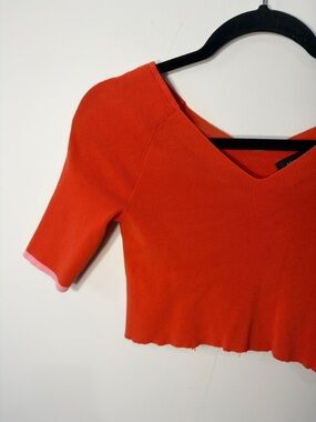 Ann Taylor Cropped V-Neck Knit Top in Bright Orange with Pink Trim